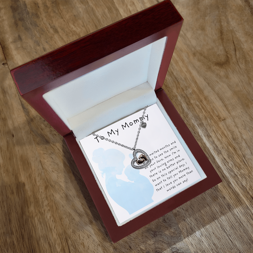 To My Mommy Blue | Baby Feet Heart Necklace