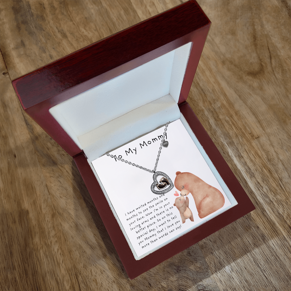 To My Mommy Bear Kiss | Baby Feet Heart Necklace
