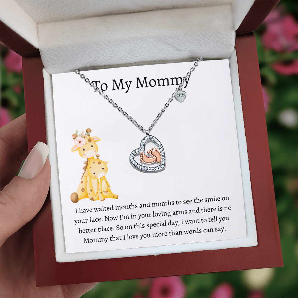 To My Mommy Giraffe | Baby Feet Heart Necklace
