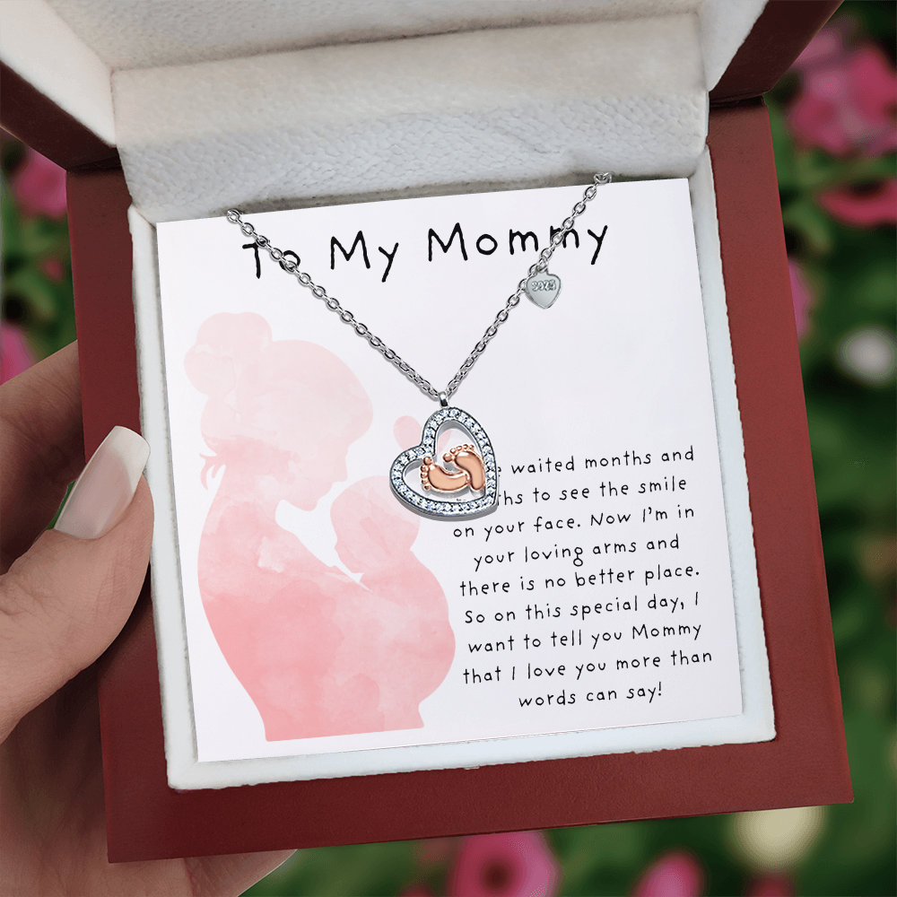To My Mommy Pink | Baby Feet Heart Necklace