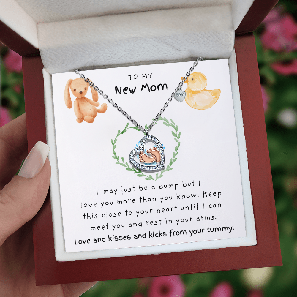 To My New Mom Blue | Baby Feet Heart Necklace