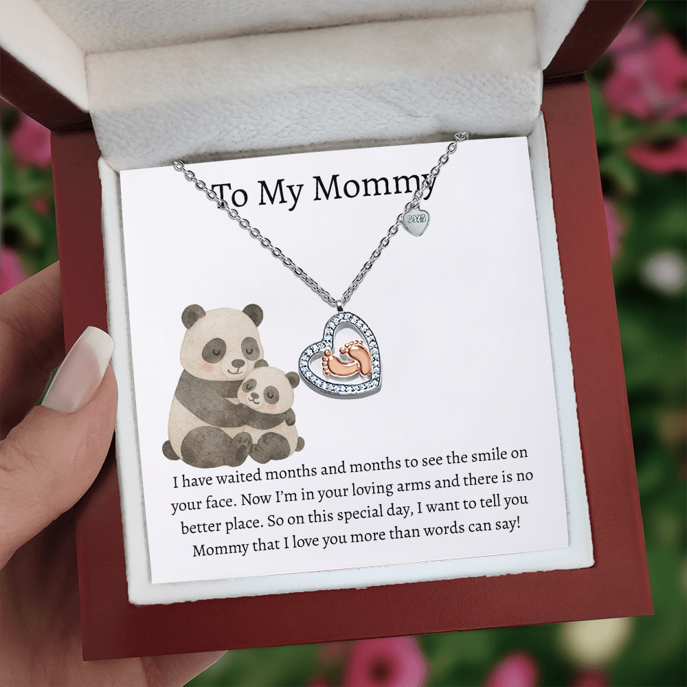 To My Mommy Pandas | Baby Feet Heart Necklace