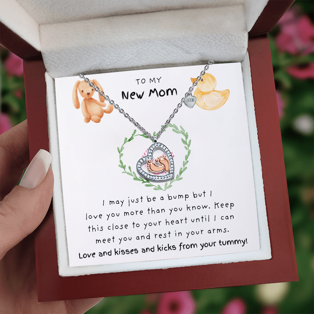 To My New Mom Pink |  Baby Feet Heart Necklace