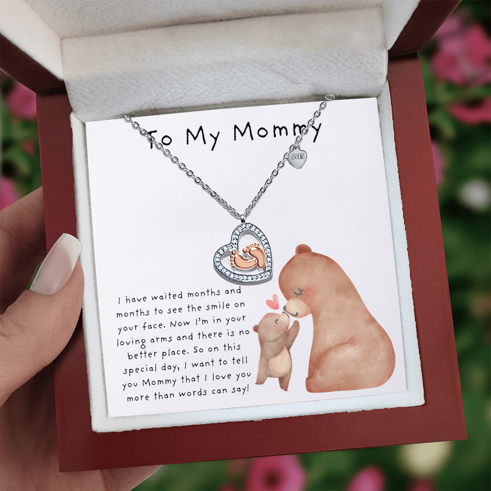To My Mommy Bear Kiss | Baby Feet Heart Necklace