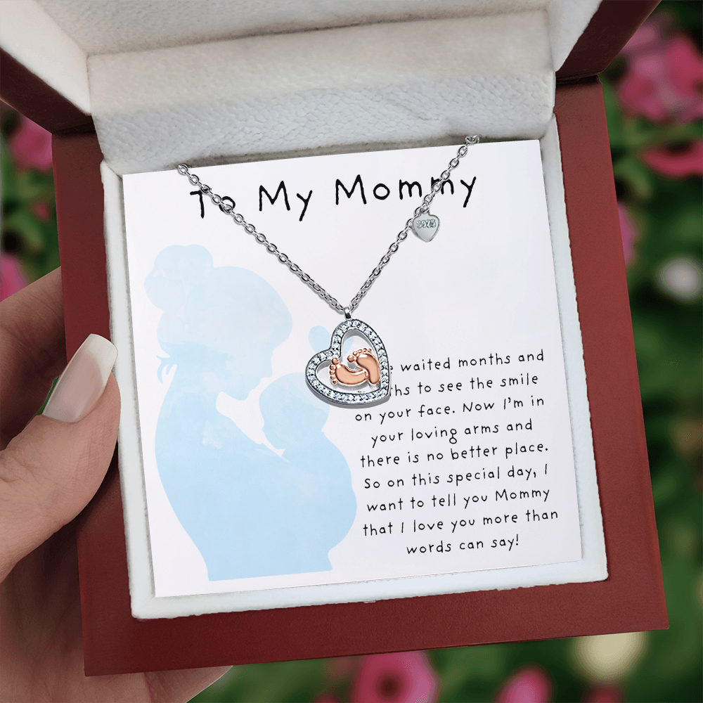 To My Mommy Blue | Baby Feet Heart Necklace