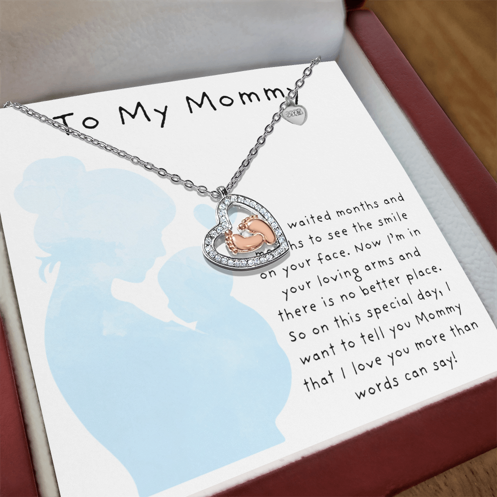 To My Mommy Blue | Baby Feet Heart Necklace