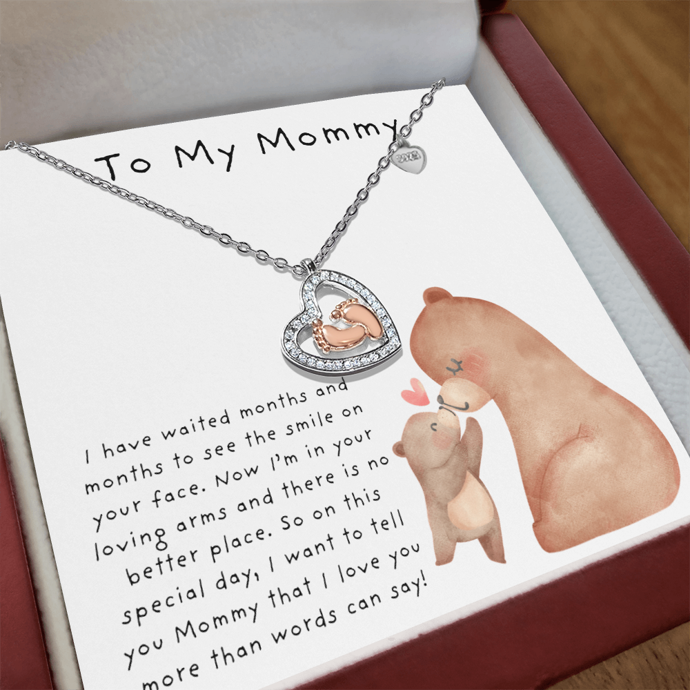 To My Mommy Bear Kiss | Baby Feet Heart Necklace