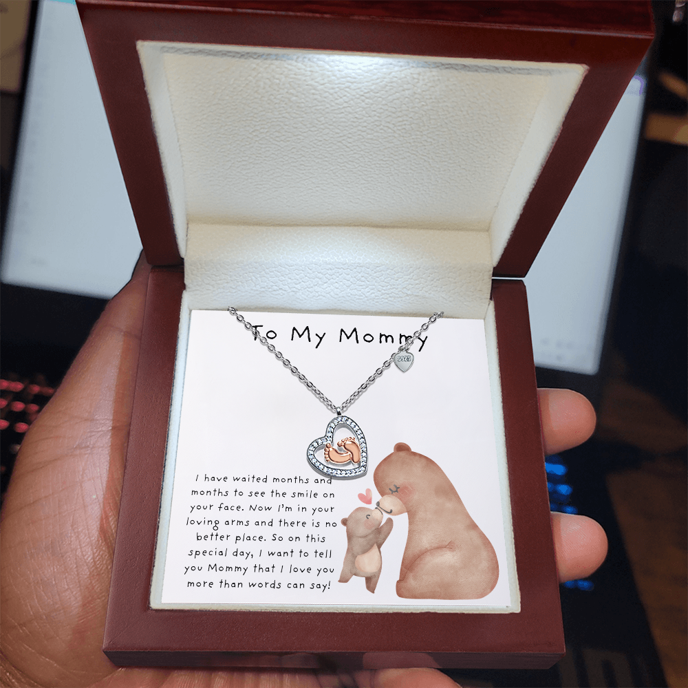 To My Mommy Bear Kiss | Baby Feet Heart Necklace