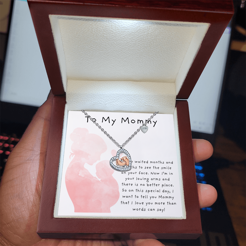 To My Mommy Pink | Baby Feet Heart Necklace