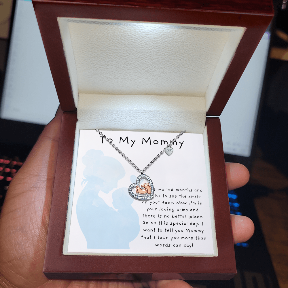 To My Mommy Blue | Baby Feet Heart Necklace