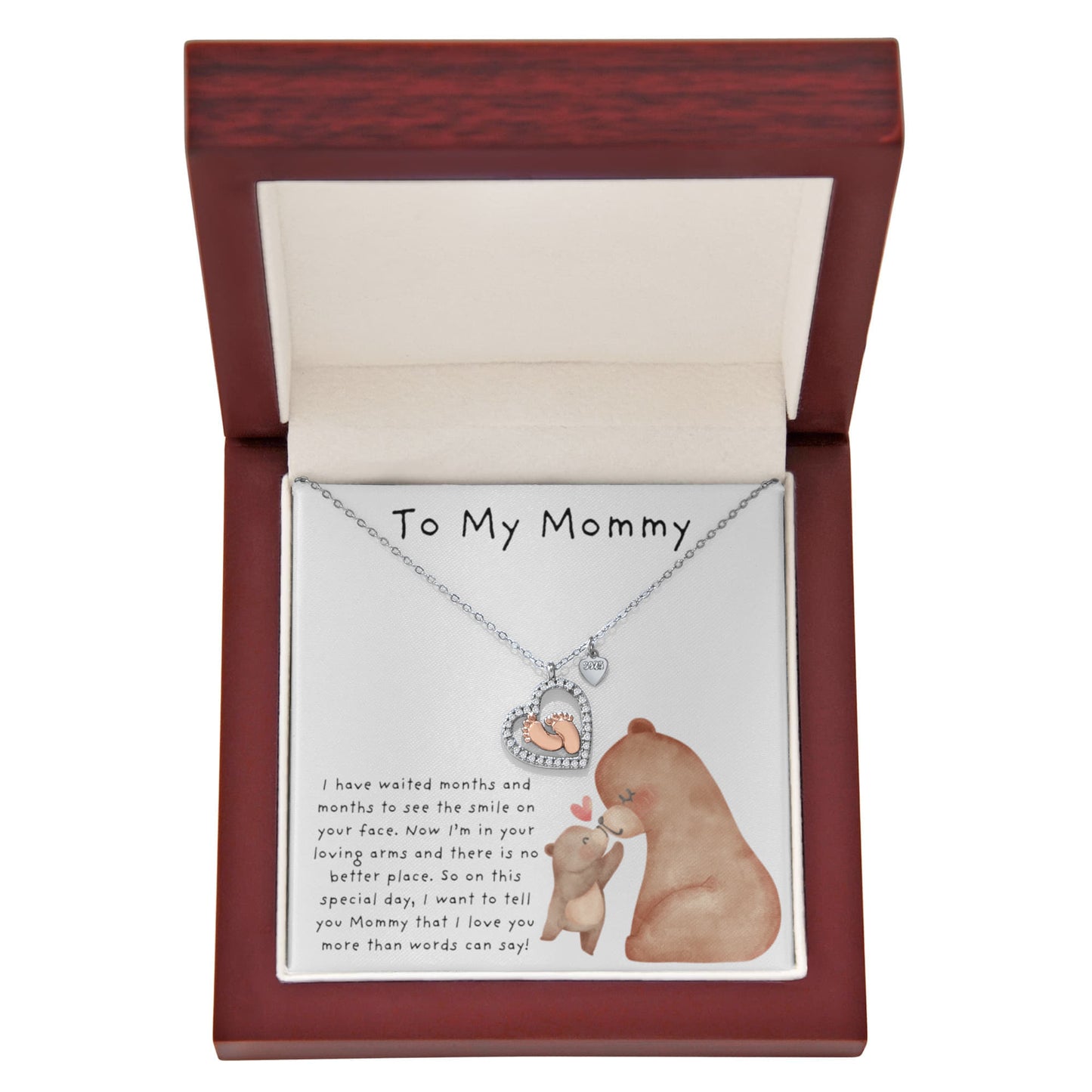 To My Mommy Bear Kiss | Baby Feet Heart Necklace