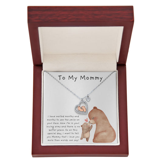 To My Mommy Bear Kiss | Baby Feet Heart Necklace